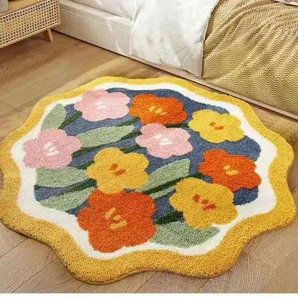 Soft & Stylish Bedroom Foot Mat – Colorful Flowers Design | Cozy & Washable Accent Mat