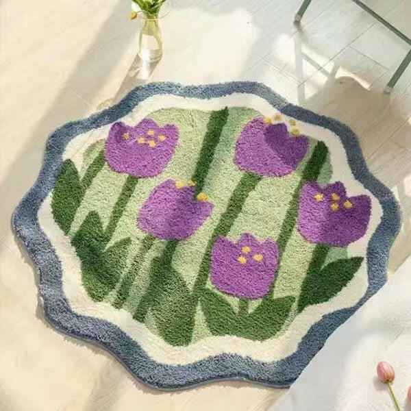 Soft & Elegant Bedroom Foot Mat – Purple Tulips Design | Cozy & Washable Accent Rug